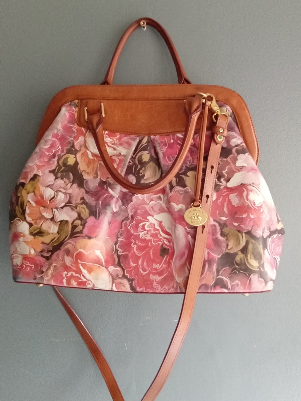 Brahmin Floral Satchel Pink Tan Leather Doctor Bag Crossbody Handbag - Picture 2 of 9